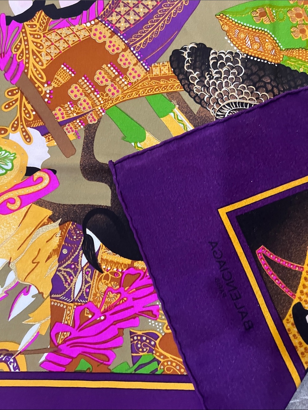 Balenciaga Purple and Gold Printed Silk Scarf. 100% silk - Picture 12 of 13